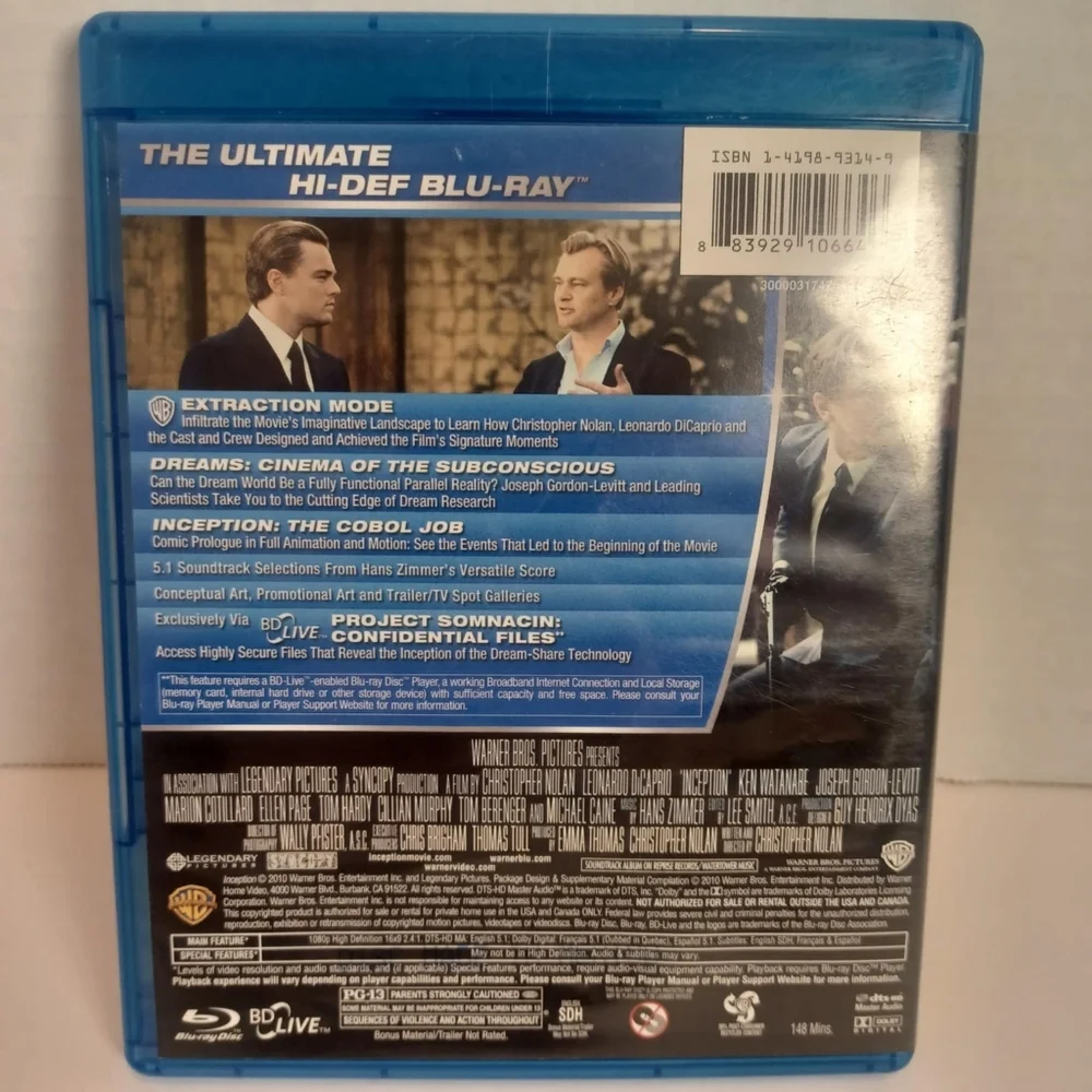 Inception Blu-ray DVD 3-Disc Set Leonardio DiCaprio Christopher Nolan‎ 2010